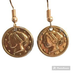 Vintage French Italian Coin Earrings Dangle Gold Plated Wire France Italy Lady